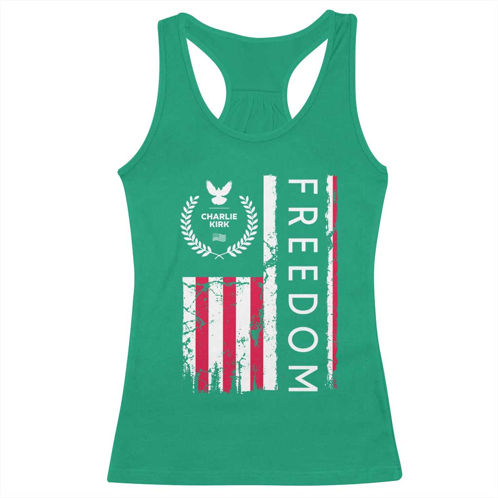 Freedom Charlie Kirk Tribute Racerback Tank Top Patriotic Legacy Eagle Distressed American Flag - Wonder Print Shop