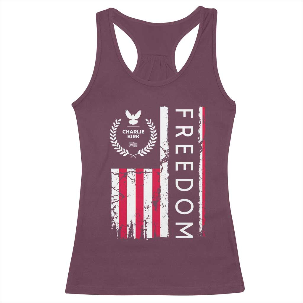 Freedom Charlie Kirk Tribute Racerback Tank Top Patriotic Legacy Eagle Distressed American Flag - Wonder Print Shop