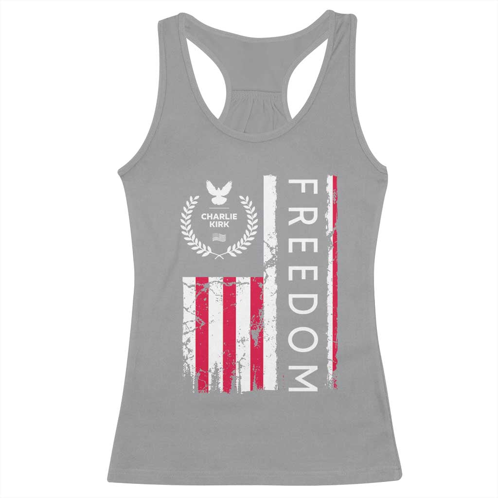 Freedom Charlie Kirk Tribute Racerback Tank Top Patriotic Legacy Eagle Distressed American Flag - Wonder Print Shop