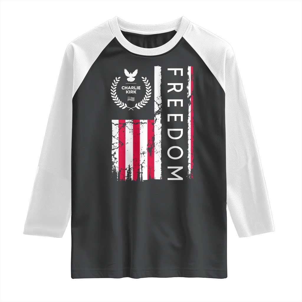 Freedom Charlie Kirk Tribute Raglan Shirt Patriotic Legacy Eagle Distressed American Flag - Wonder Print Shop