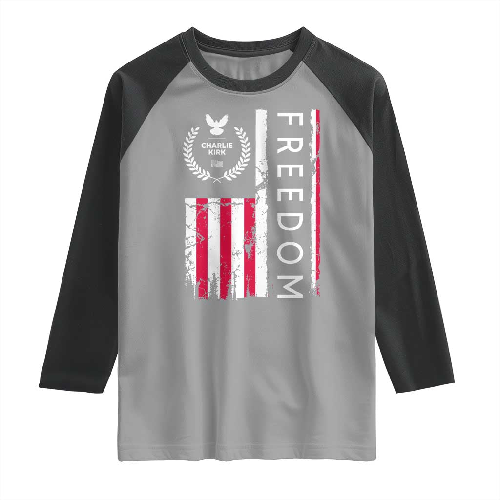 Freedom Charlie Kirk Tribute Raglan Shirt Patriotic Legacy Eagle Distressed American Flag - Wonder Print Shop