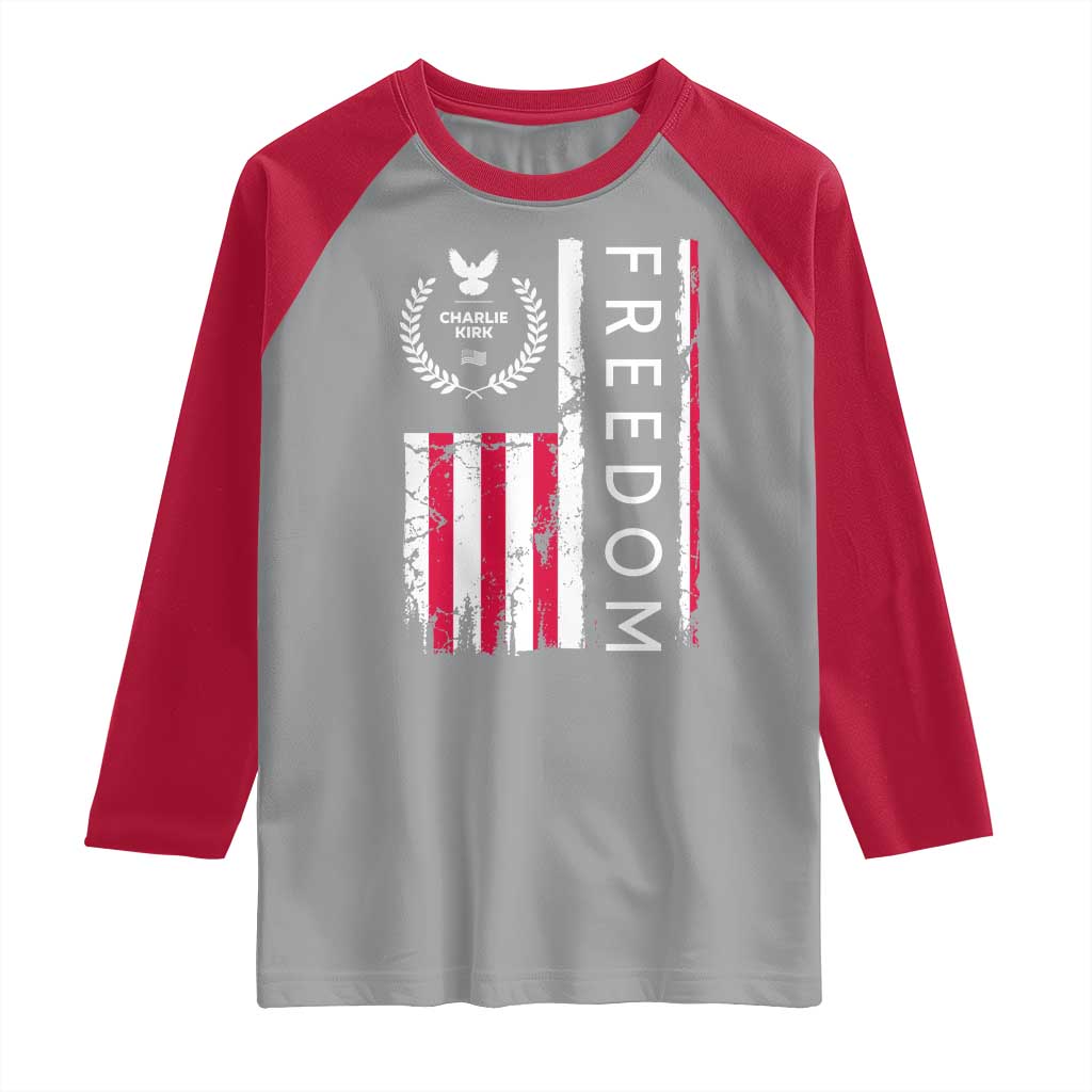 Freedom Charlie Kirk Tribute Raglan Shirt Patriotic Legacy Eagle Distressed American Flag - Wonder Print Shop