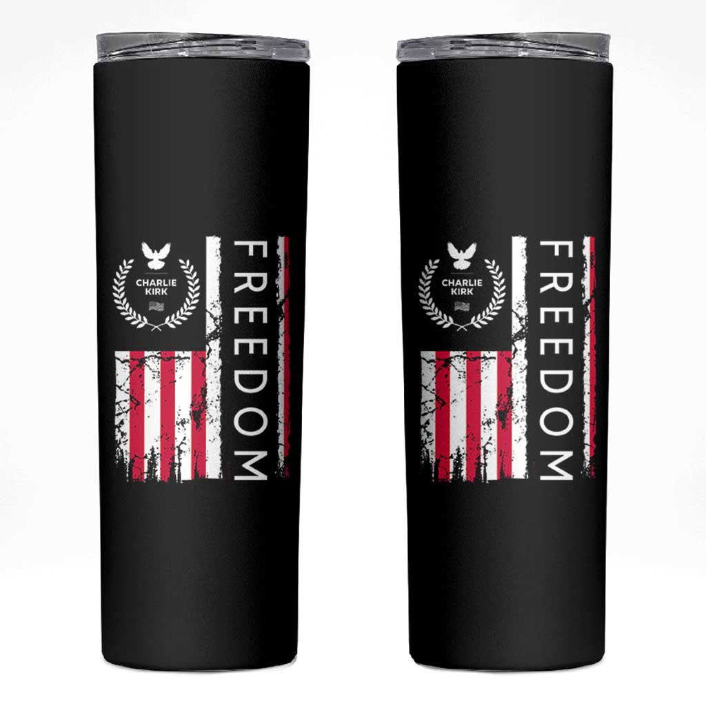 Freedom Charlie Kirk Tribute Skinny Tumbler Patriotic Legacy Eagle Distressed American Flag - Wonder Print Shop