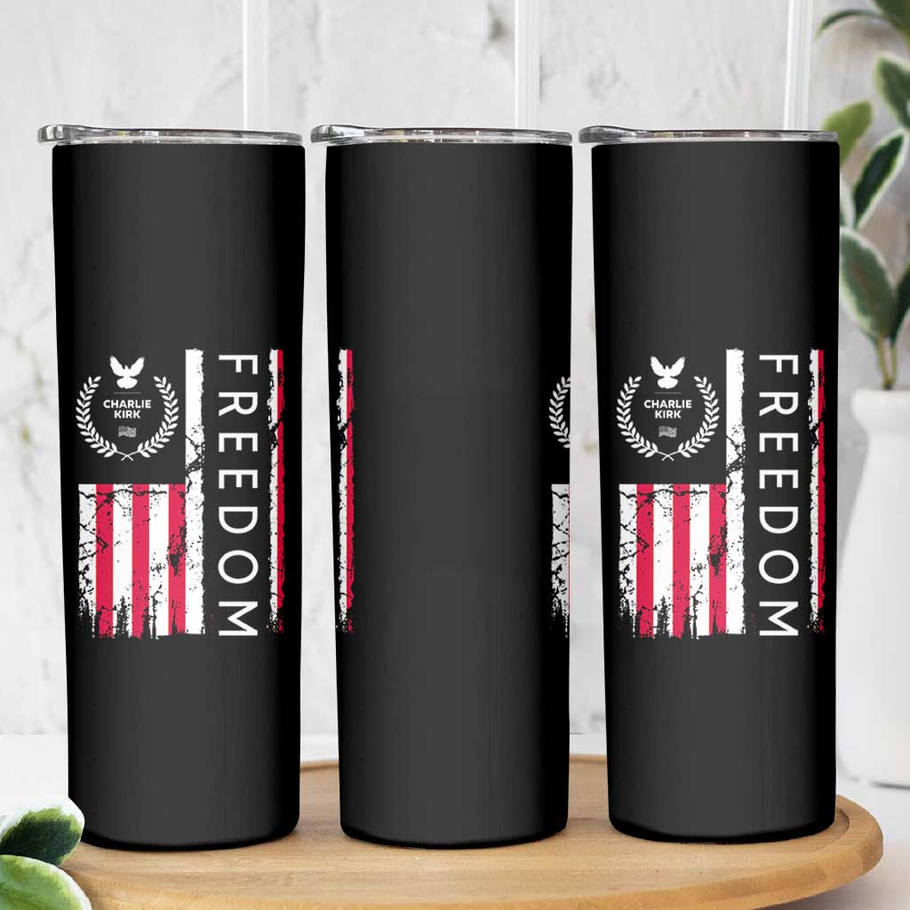 Freedom Charlie Kirk Tribute Skinny Tumbler Patriotic Legacy Eagle Distressed American Flag - Wonder Print Shop