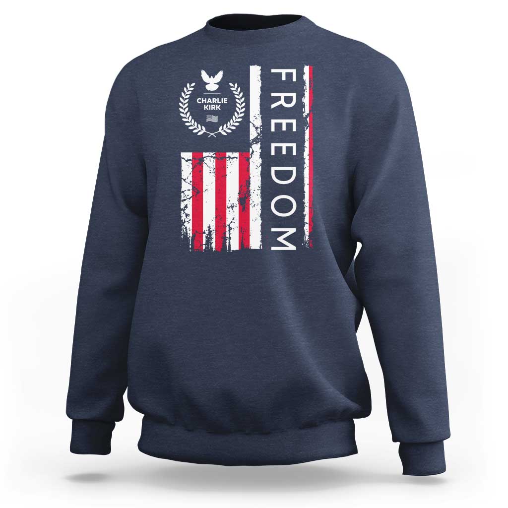 Freedom Charlie Kirk Tribute Sweatshirt Patriotic Legacy Eagle Distressed American Flag - Wonder Print Shop
