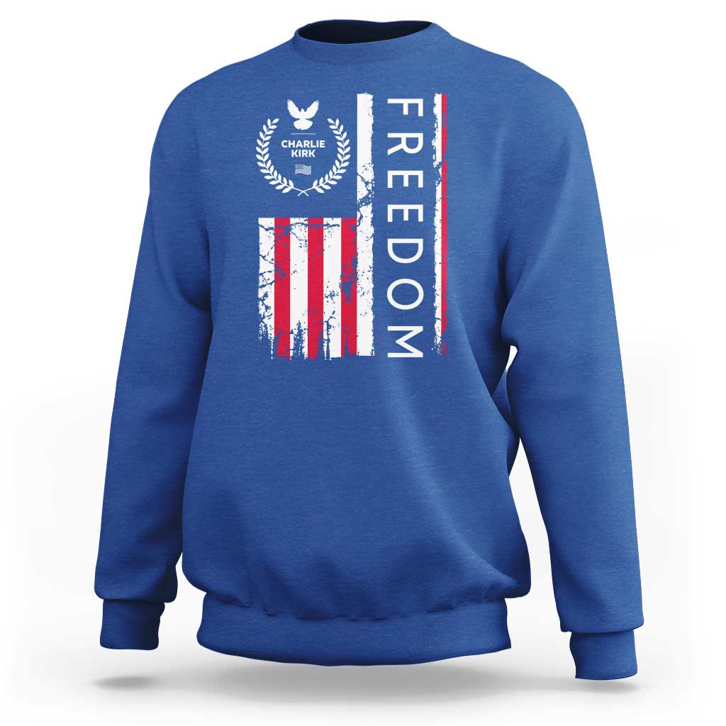 Freedom Charlie Kirk Tribute Sweatshirt Patriotic Legacy Eagle Distressed American Flag - Wonder Print Shop