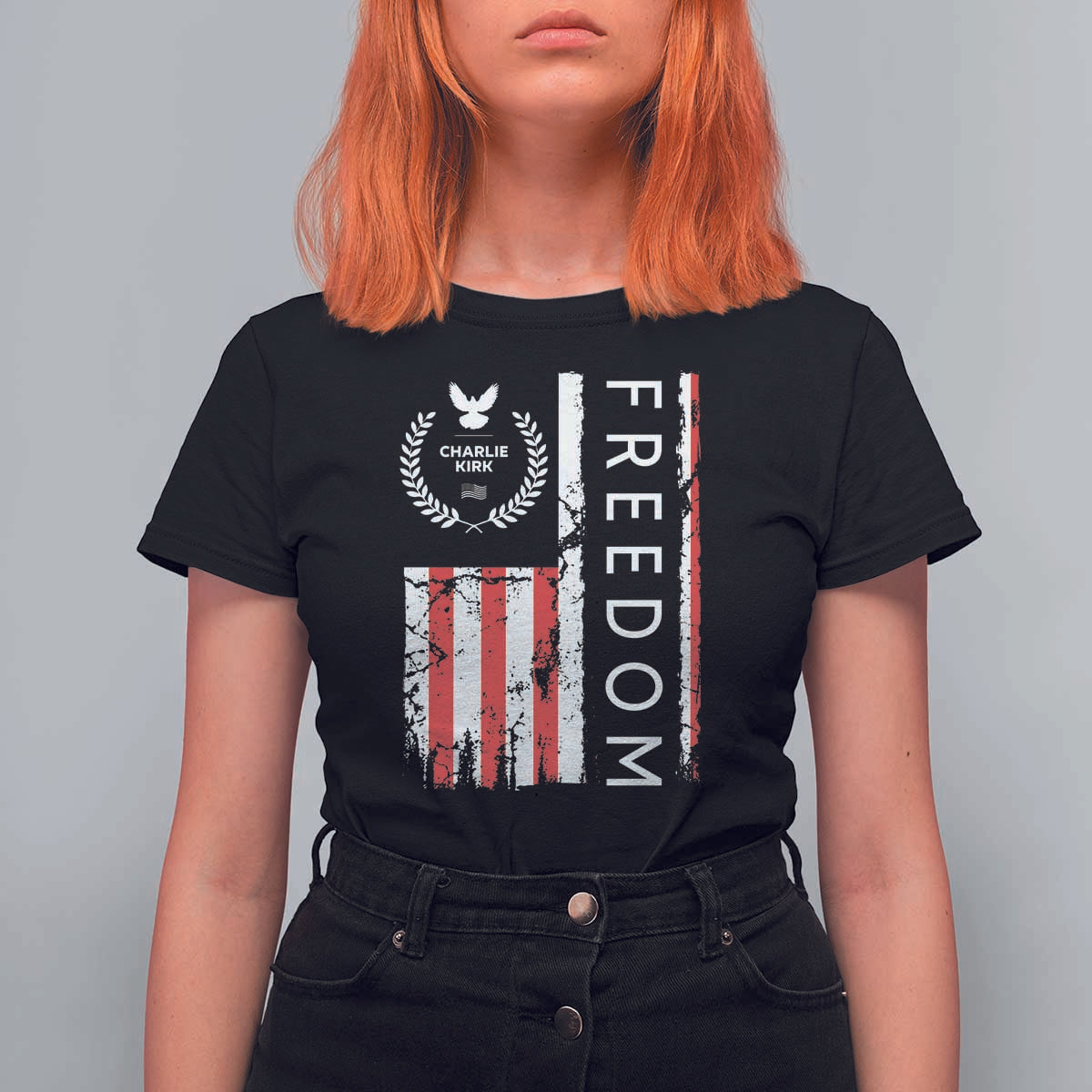 Freedom Charlie Kirk Tribute T Shirt For Women Patriotic Legacy Eagle Distressed American Flag - Wonder Print Shop