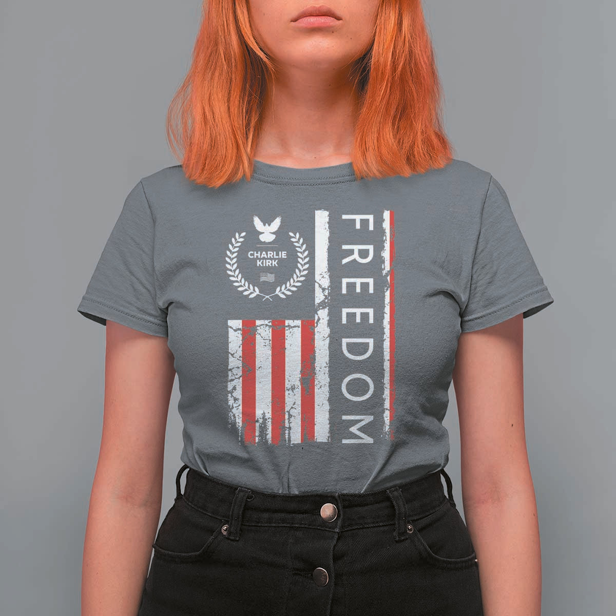 Freedom Charlie Kirk Tribute T Shirt For Women Patriotic Legacy Eagle Distressed American Flag - Wonder Print Shop
