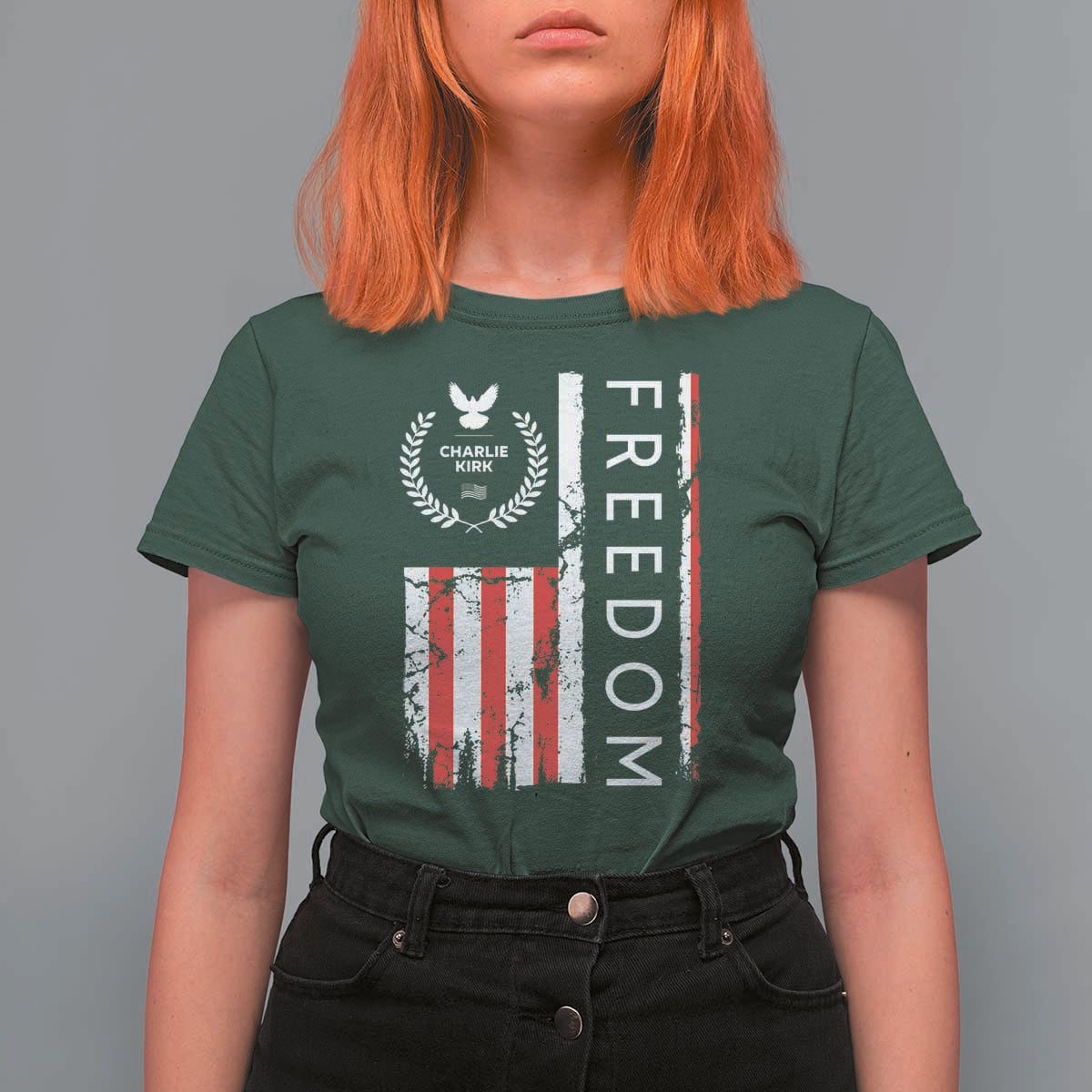 Freedom Charlie Kirk Tribute T Shirt For Women Patriotic Legacy Eagle Distressed American Flag - Wonder Print Shop