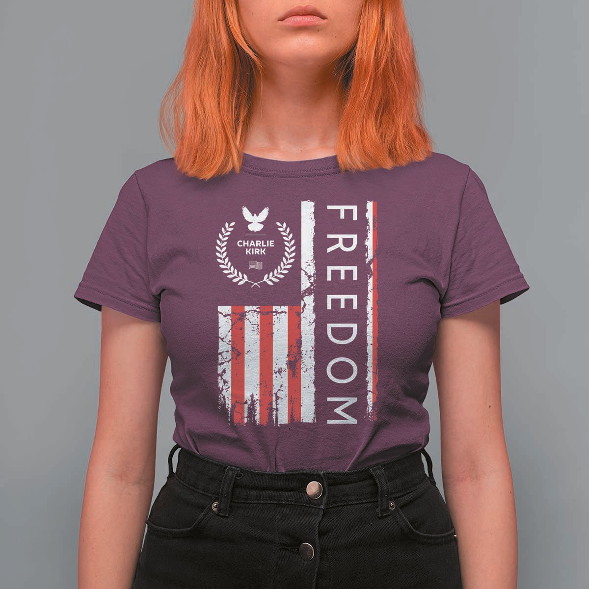 Freedom Charlie Kirk Tribute T Shirt For Women Patriotic Legacy Eagle Distressed American Flag - Wonder Print Shop