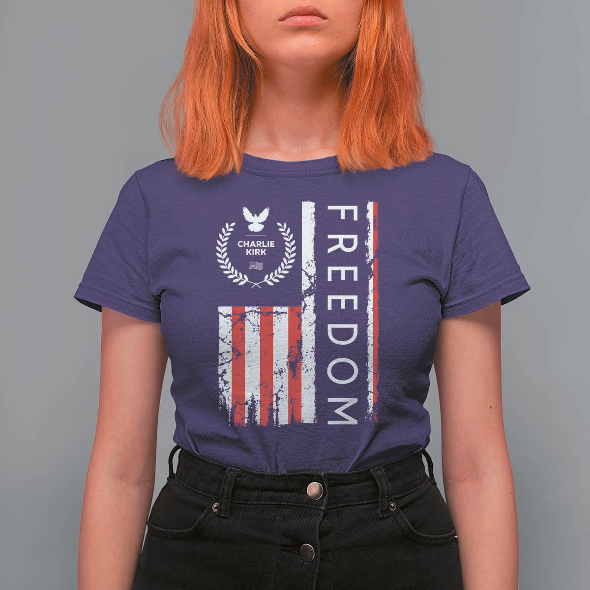 Freedom Charlie Kirk Tribute T Shirt For Women Patriotic Legacy Eagle Distressed American Flag - Wonder Print Shop