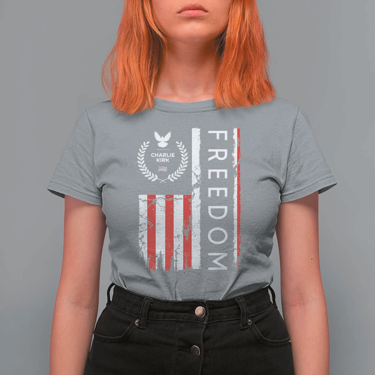 Freedom Charlie Kirk Tribute T Shirt For Women Patriotic Legacy Eagle Distressed American Flag - Wonder Print Shop