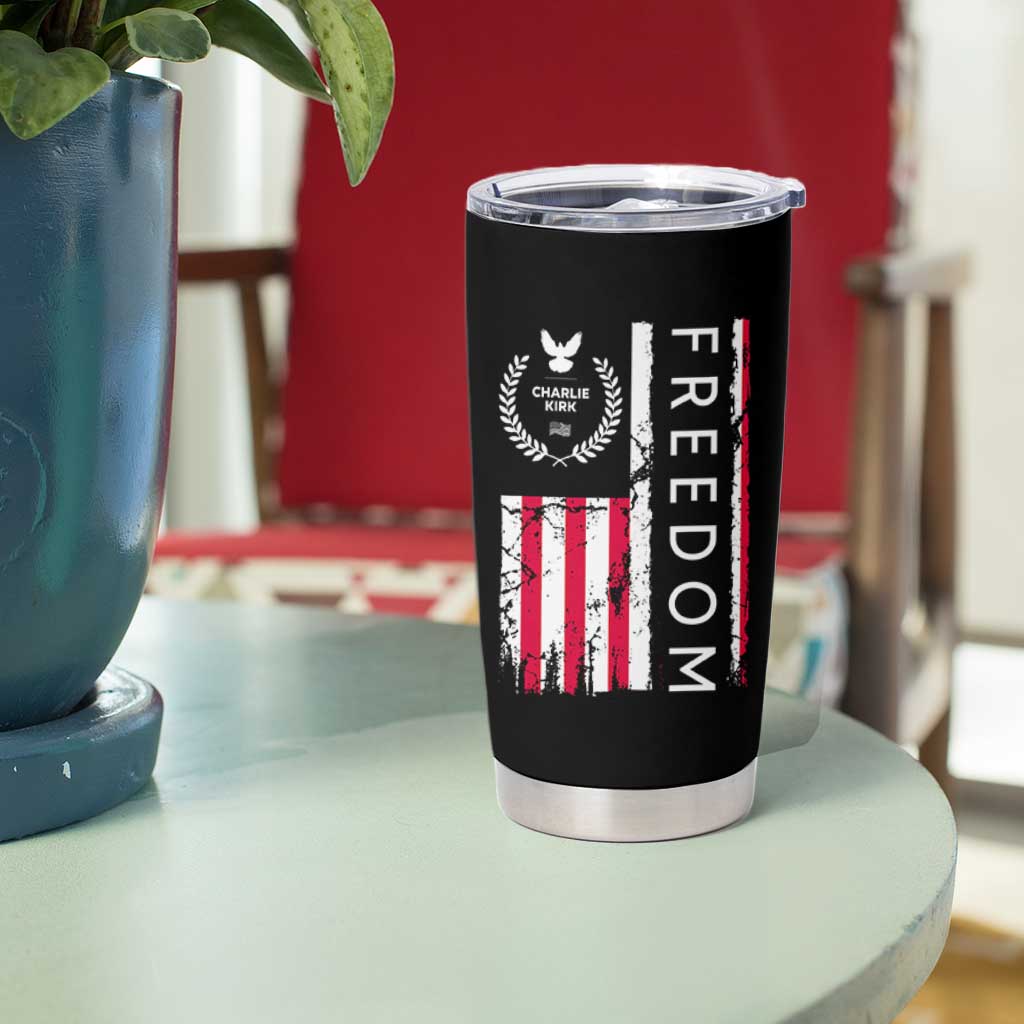 Freedom Charlie Kirk Tribute Tumbler Cup Patriotic Legacy Eagle Distressed American Flag - Wonder Print Shop