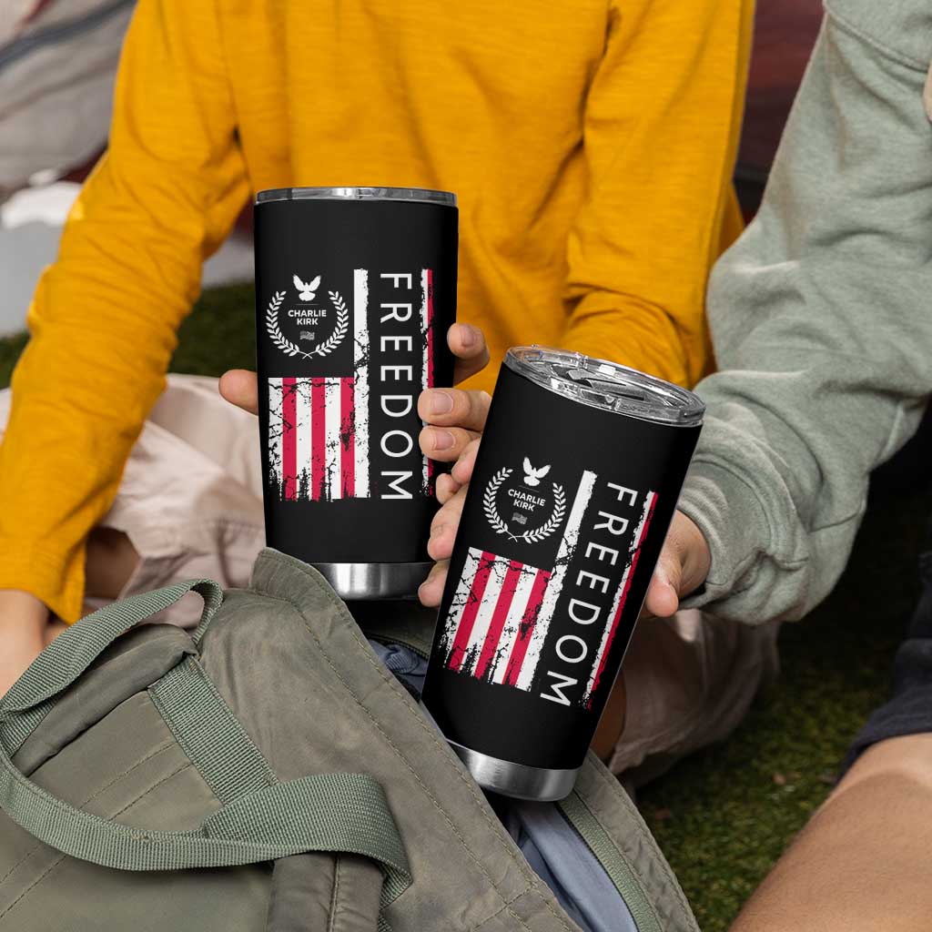 Freedom Charlie Kirk Tribute Tumbler Cup Patriotic Legacy Eagle Distressed American Flag - Wonder Print Shop