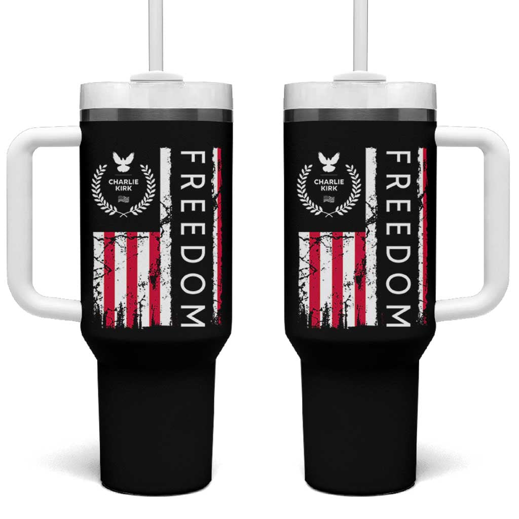Freedom Charlie Kirk Tribute Tumbler With Handle Patriotic Legacy Eagle Distressed American Flag - Wonder Print Shop