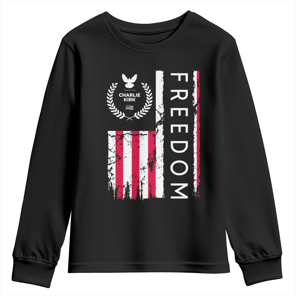 Freedom Charlie Kirk Tribute Youth Sweatshirt Patriotic Legacy Eagle Distressed American Flag - Wonder Print Shop