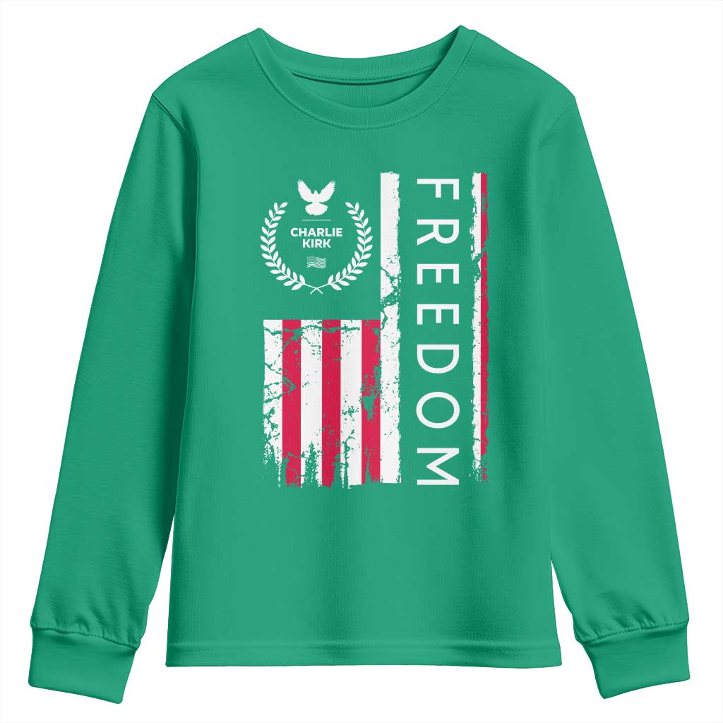 Freedom Charlie Kirk Tribute Youth Sweatshirt Patriotic Legacy Eagle Distressed American Flag - Wonder Print Shop