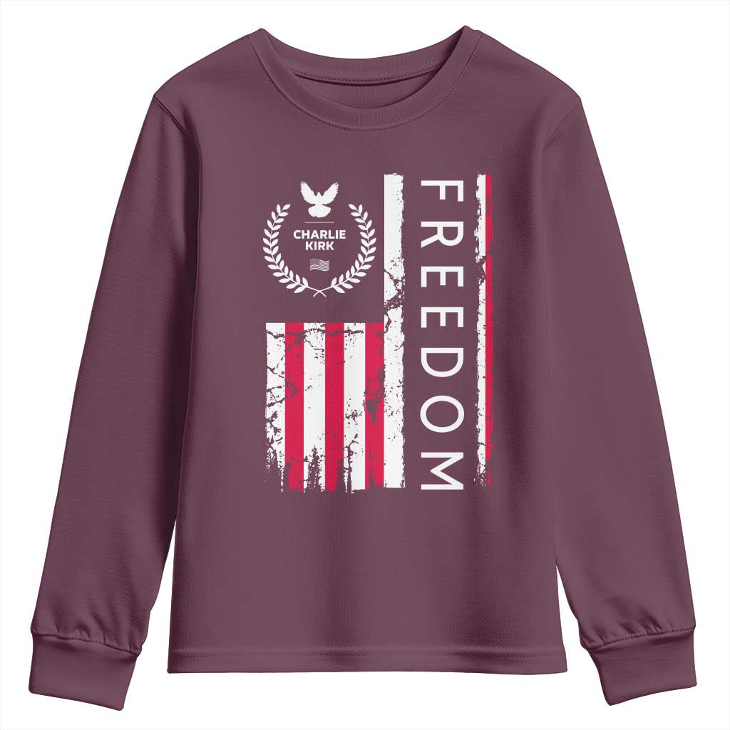 Freedom Charlie Kirk Tribute Youth Sweatshirt Patriotic Legacy Eagle Distressed American Flag - Wonder Print Shop