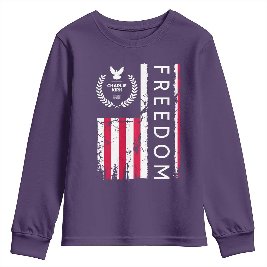 Freedom Charlie Kirk Tribute Youth Sweatshirt Patriotic Legacy Eagle Distressed American Flag - Wonder Print Shop