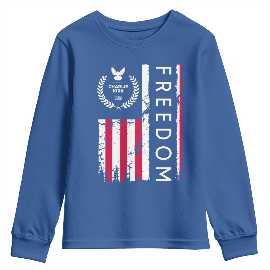 Freedom Charlie Kirk Tribute Youth Sweatshirt Patriotic Legacy Eagle Distressed American Flag - Wonder Print Shop