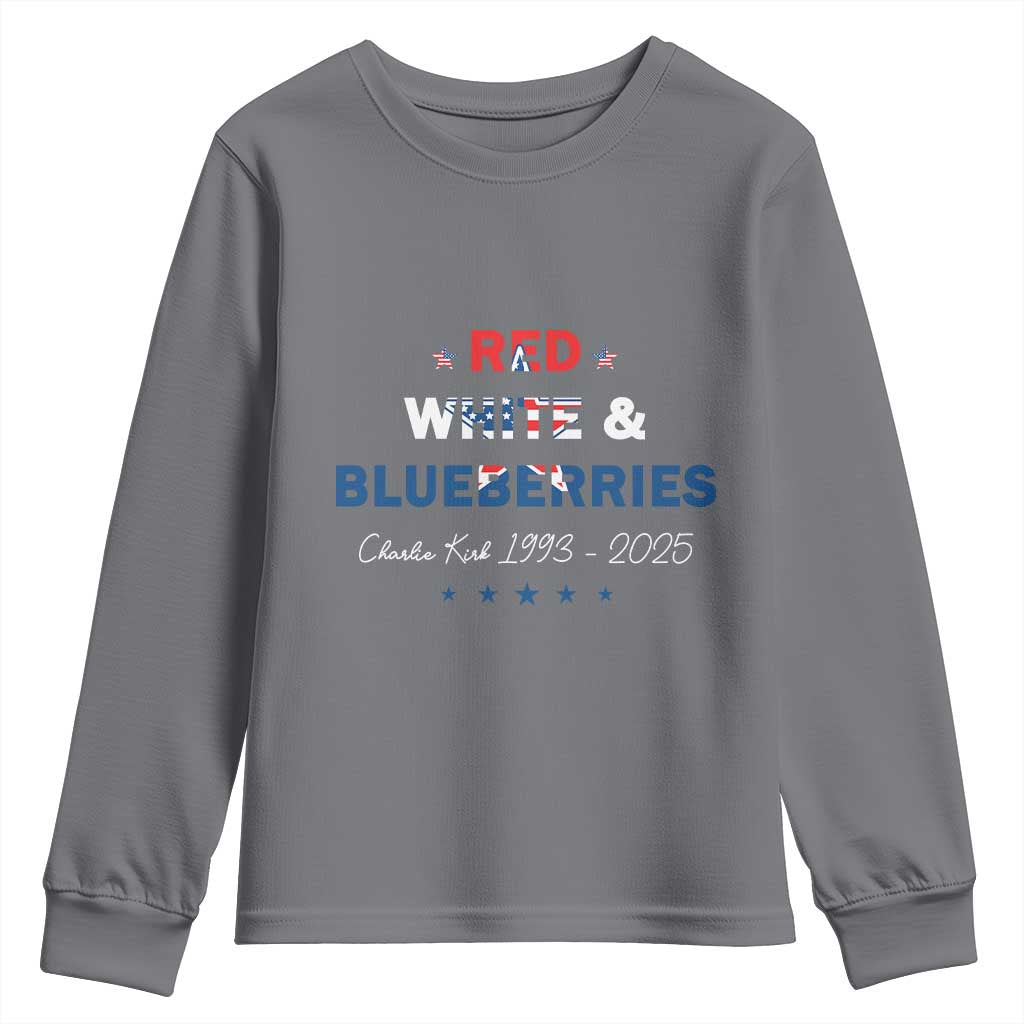 Red White and Blueberries Youth Sweatshirt Charlie Kirk 1993 2025 Patriotic Memorial - Wonder Print Shop