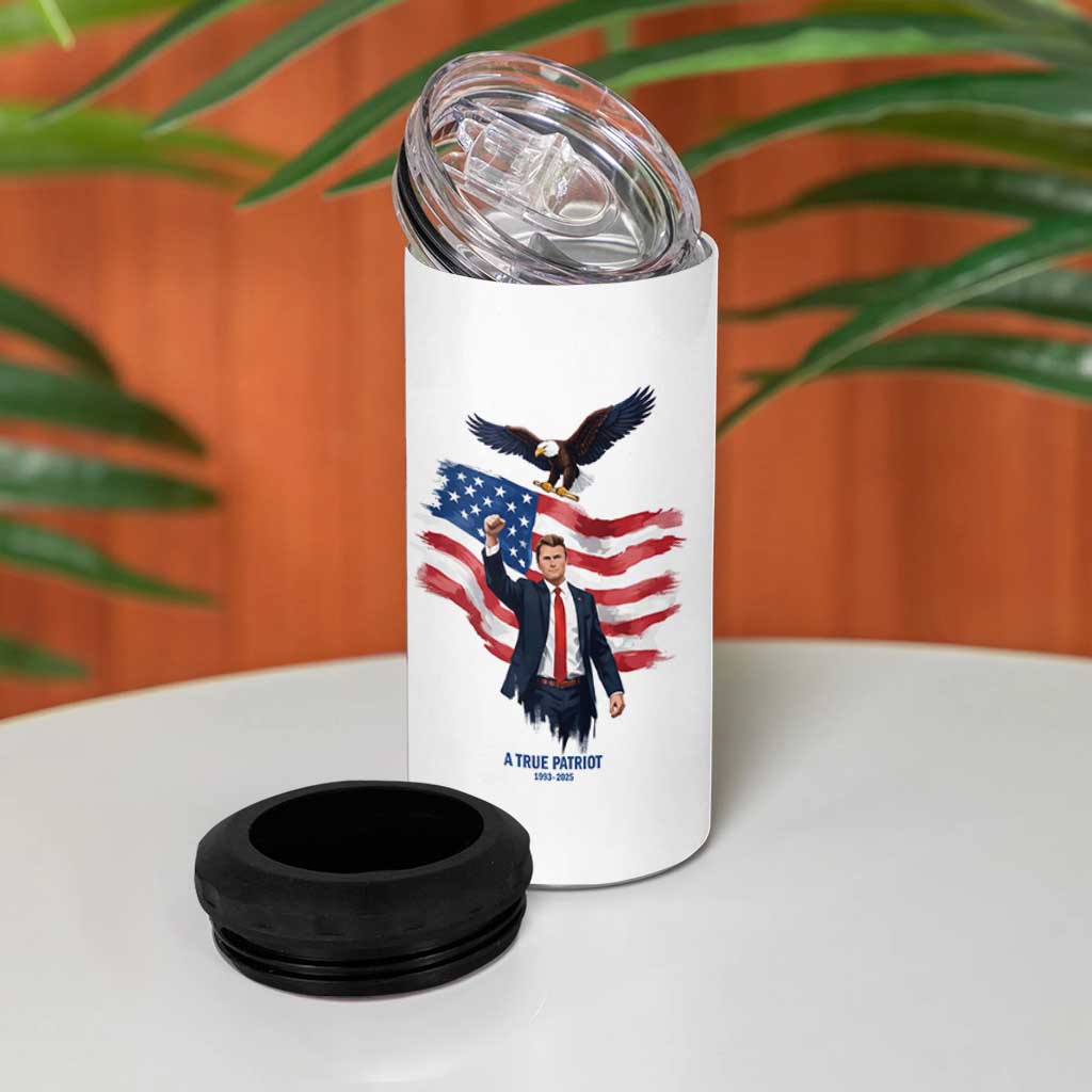 Charlie Kirk Tribute 4 in 1 Can Cooler Tumbler A True Patriot American Flag Patriotic Eagle - Wonder Print Shop