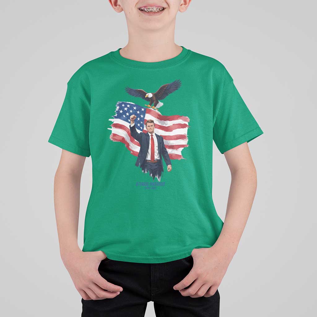 Charlie Kirk Tribute T Shirt For Kid A True Patriot American Flag Patriotic Eagle - Wonder Print Shop