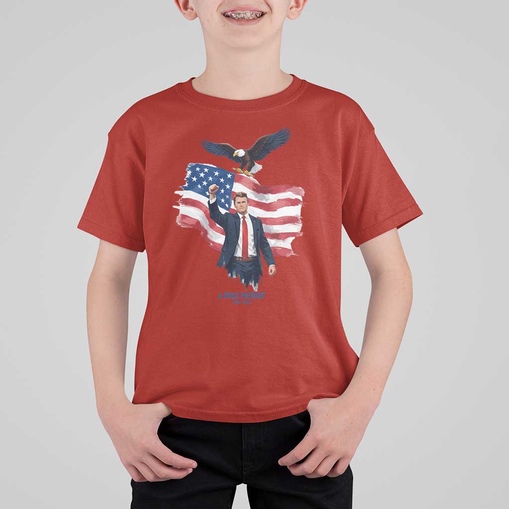 Charlie Kirk Tribute T Shirt For Kid A True Patriot American Flag Patriotic Eagle - Wonder Print Shop