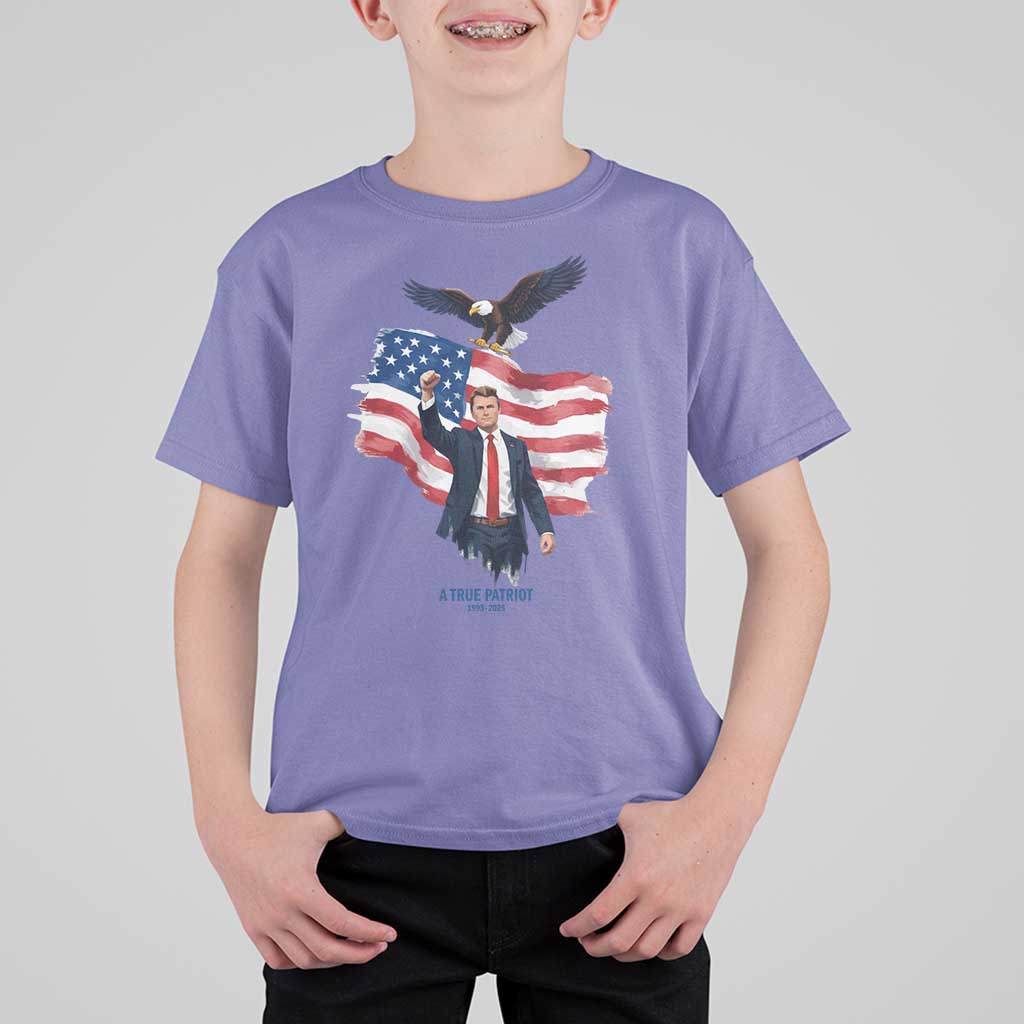 Charlie Kirk Tribute T Shirt For Kid A True Patriot American Flag Patriotic Eagle - Wonder Print Shop