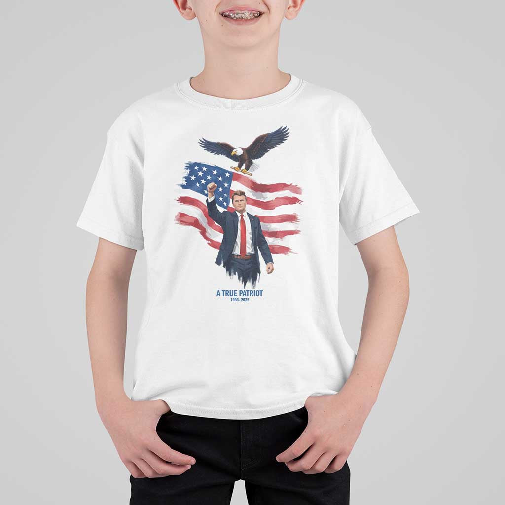 Charlie Kirk Tribute T Shirt For Kid A True Patriot American Flag Patriotic Eagle - Wonder Print Shop