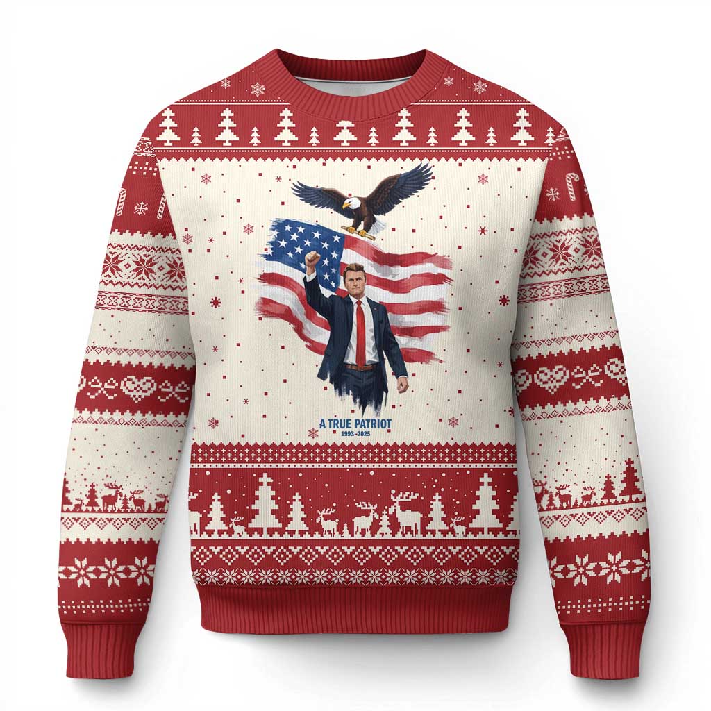 Charlie Kirk Tribute Ugly Christmas Sweater A True Patriot American Flag Patriotic Eagle - Wonder Print Shop
