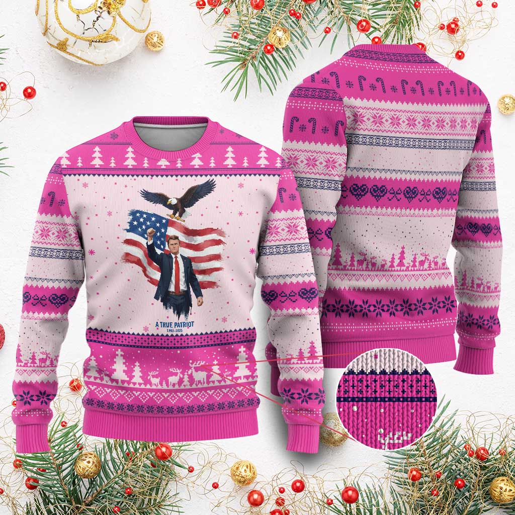 Charlie Kirk Tribute Ugly Christmas Sweater A True Patriot American Flag Patriotic Eagle - Wonder Print Shop