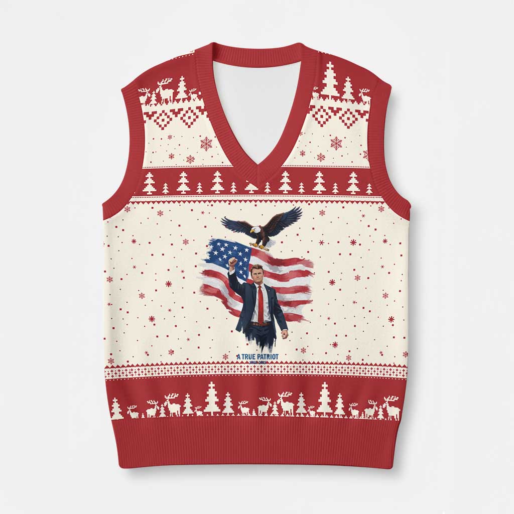 Charlie Kirk Tribute V-Neck Knit Sweater Vest A True Patriot American Flag Patriotic Eagle - Wonder Print Shop