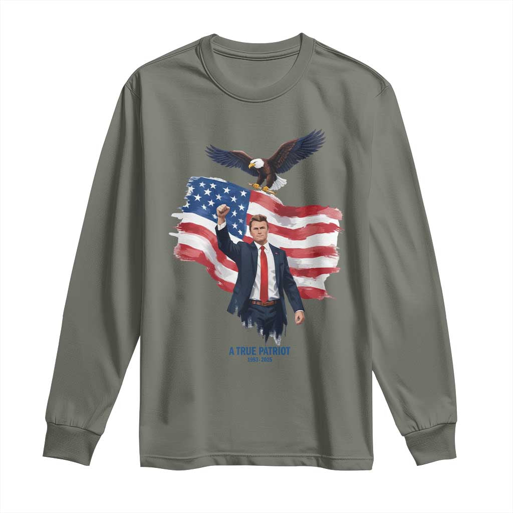 Charlie Kirk Tribute Long Sleeve Shirt A True Patriot American Flag Patriotic Eagle - Wonder Print Shop