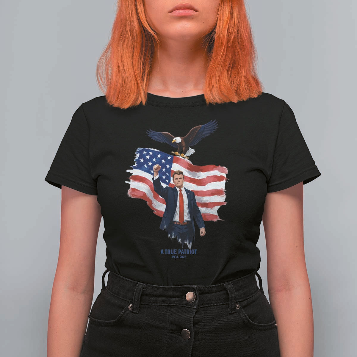 Charlie Kirk Tribute T Shirt For Women A True Patriot American Flag Patriotic Eagle - Wonder Print Shop