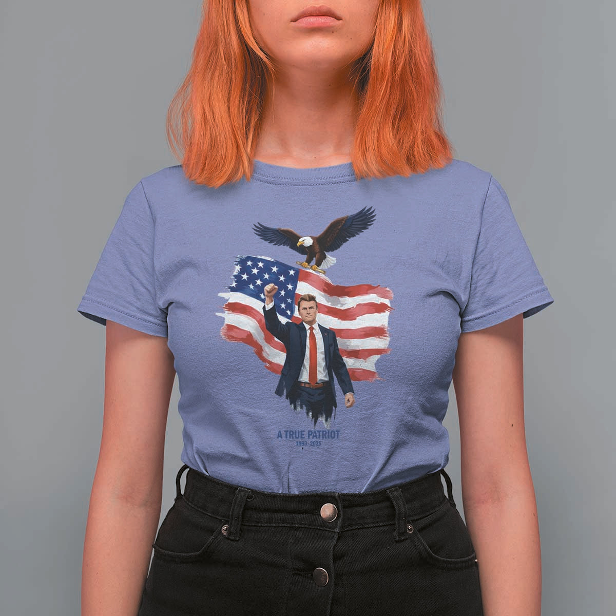 Charlie Kirk Tribute T Shirt For Women A True Patriot American Flag Patriotic Eagle - Wonder Print Shop