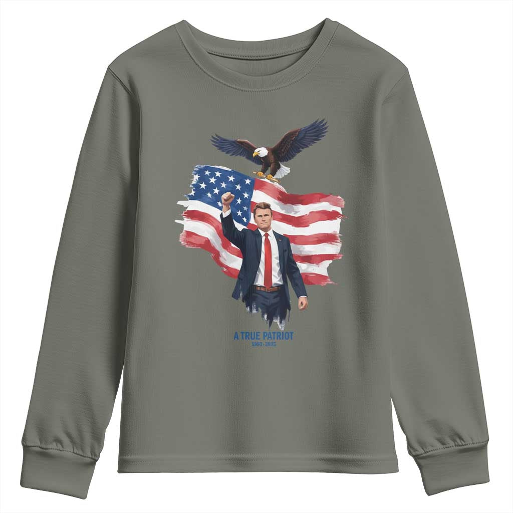 Charlie Kirk Tribute Youth Sweatshirt A True Patriot American Flag Patriotic Eagle - Wonder Print Shop