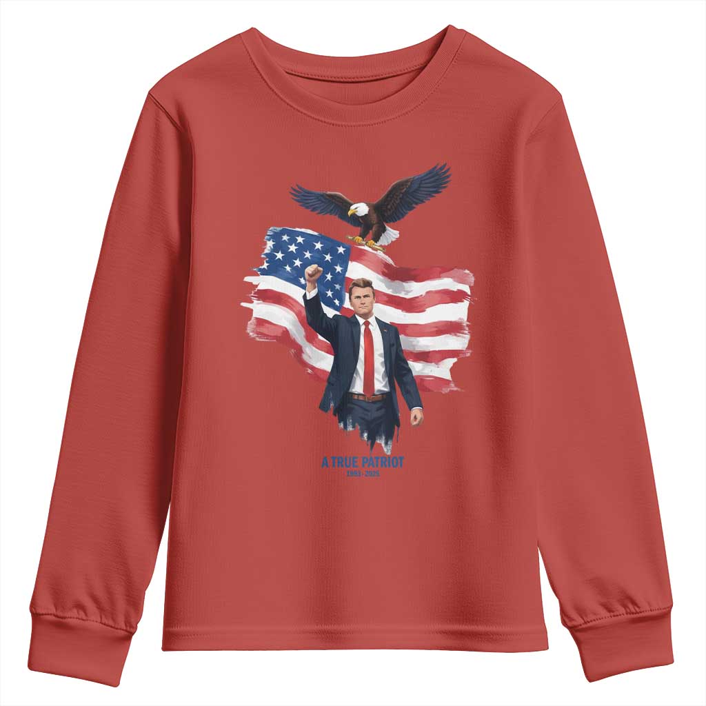 Charlie Kirk Tribute Youth Sweatshirt A True Patriot American Flag Patriotic Eagle - Wonder Print Shop