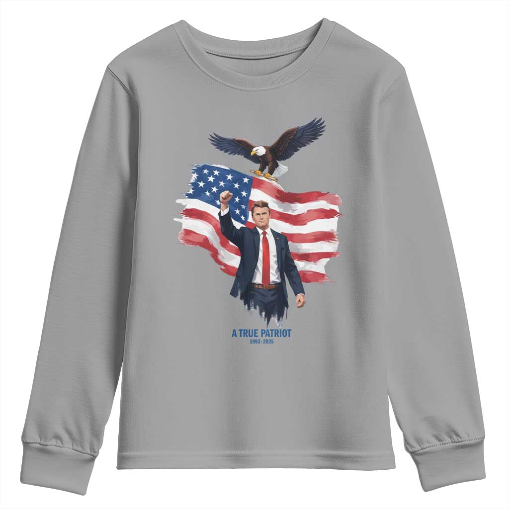 Charlie Kirk Tribute Youth Sweatshirt A True Patriot American Flag Patriotic Eagle - Wonder Print Shop