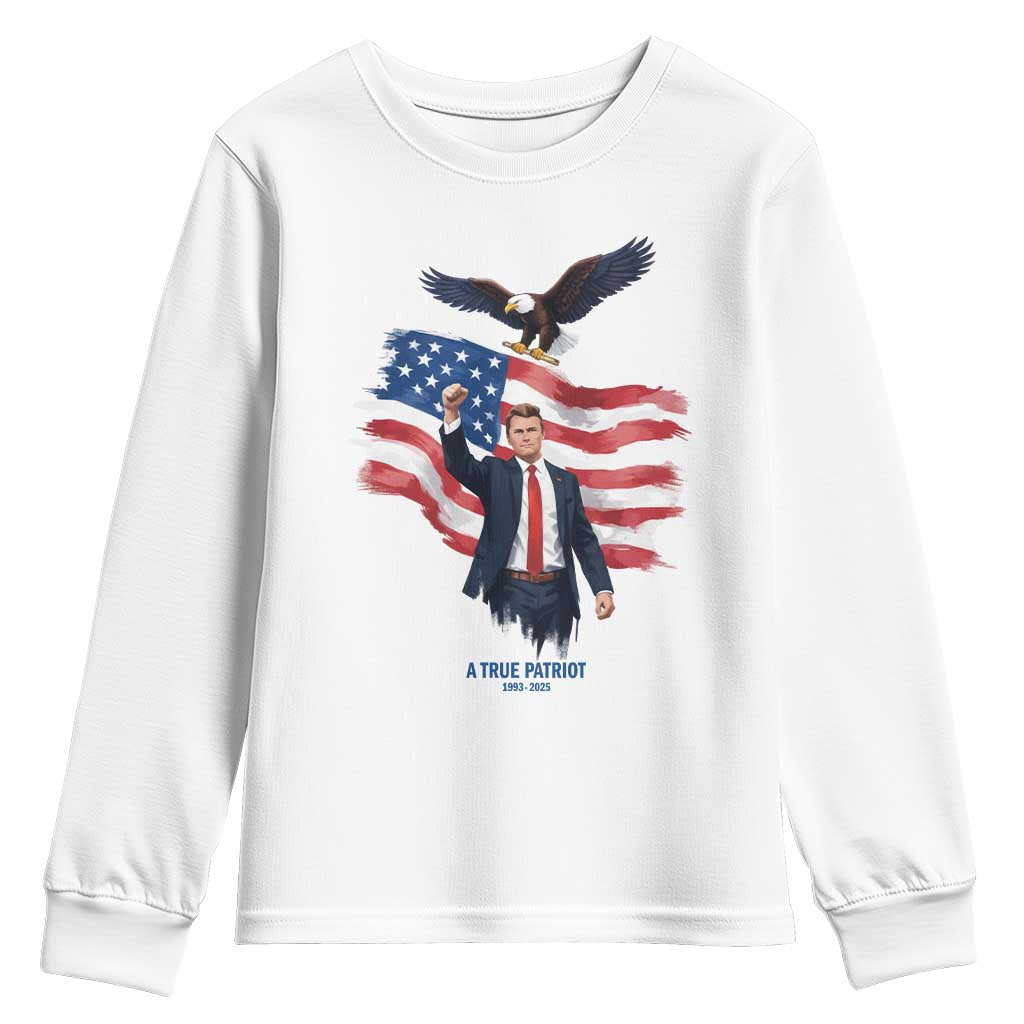 Charlie Kirk Tribute Youth Sweatshirt A True Patriot American Flag Patriotic Eagle - Wonder Print Shop