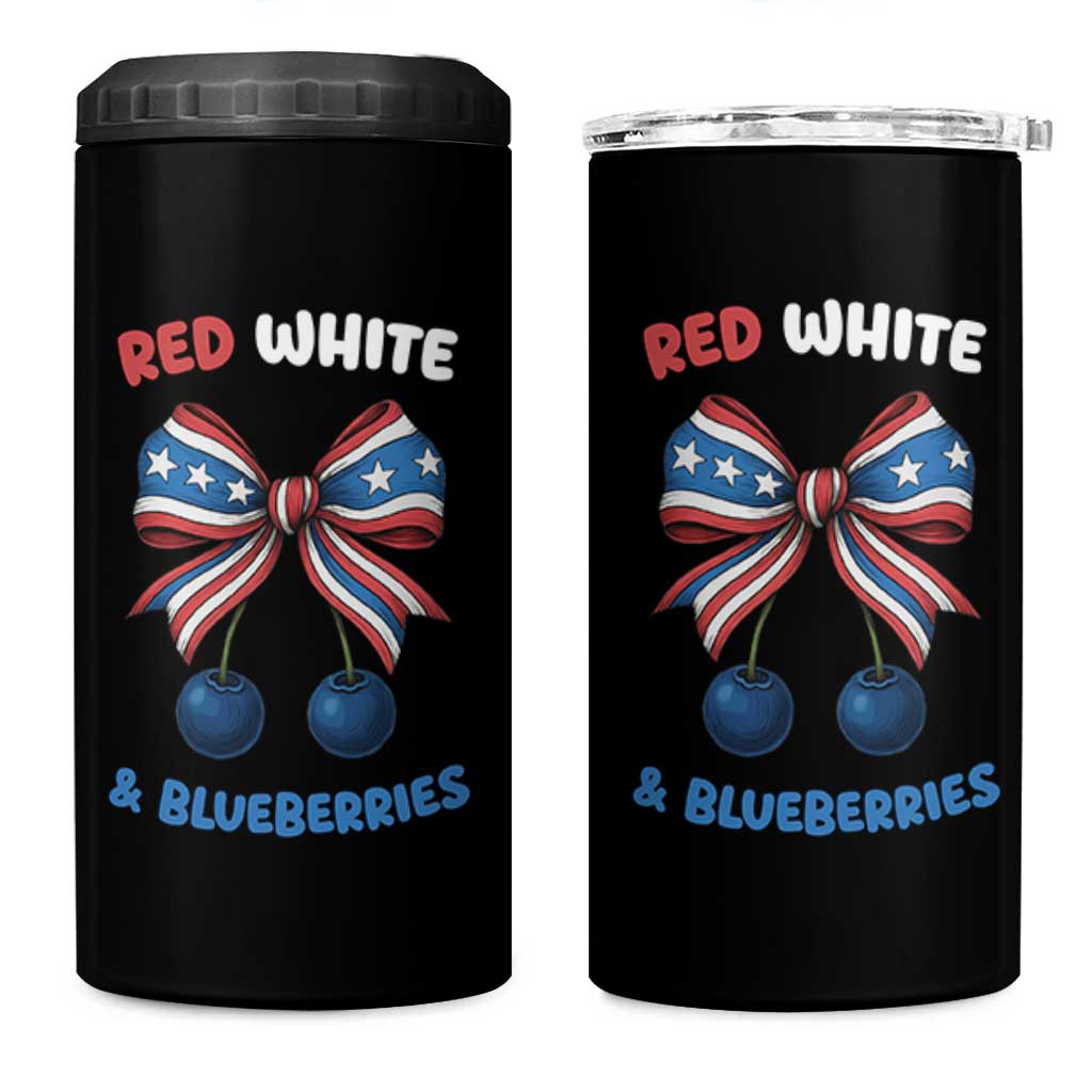Red White and Blueberries 4 in 1 Can Cooler Tumbler Retro Coquette Bow Vintage American Flag - Wonder Print Shop