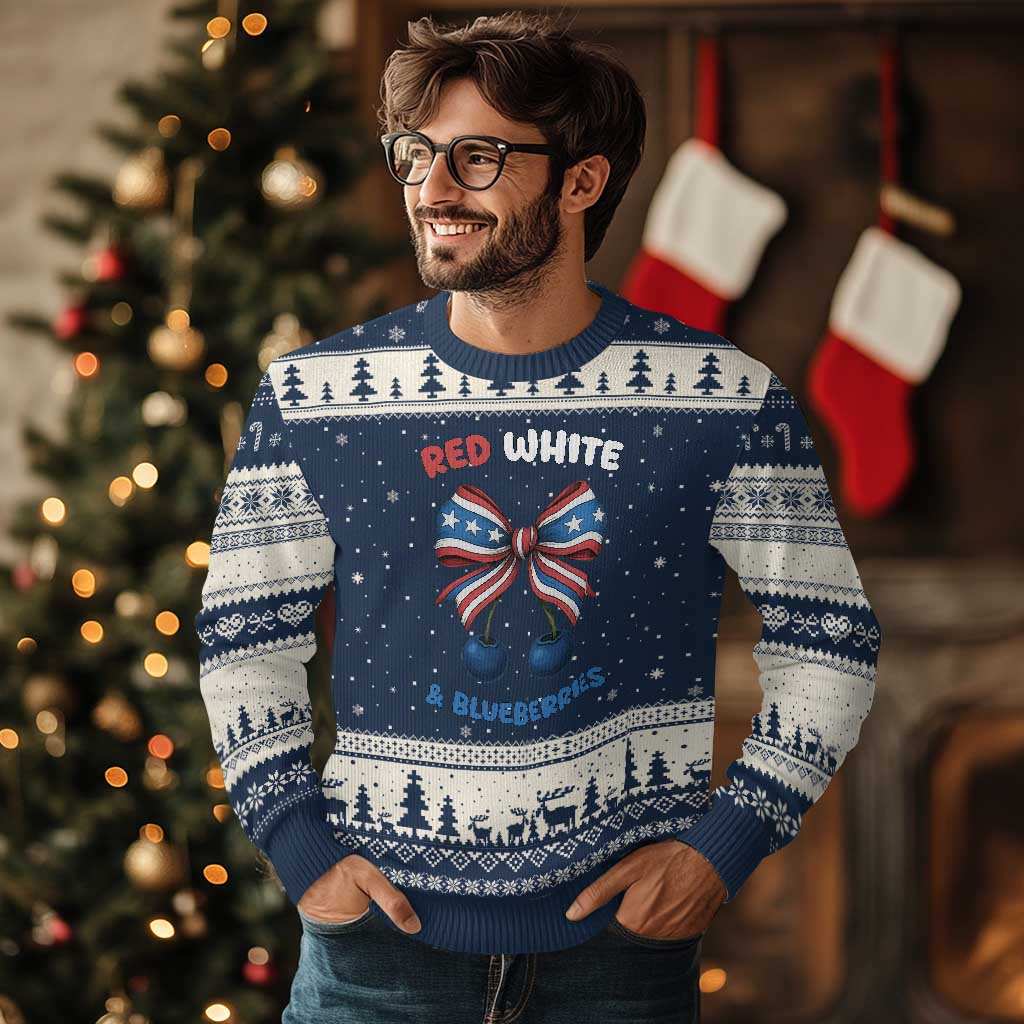 Red White and Blueberries Ugly Christmas Sweater Retro Coquette Bow Vintage American Flag - Wonder Print Shop