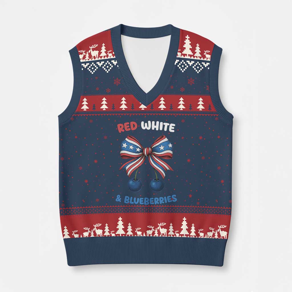 Red White and Blueberries V-Neck Knit Sweater Vest Retro Coquette Bow Vintage American Flag - Wonder Print Shop