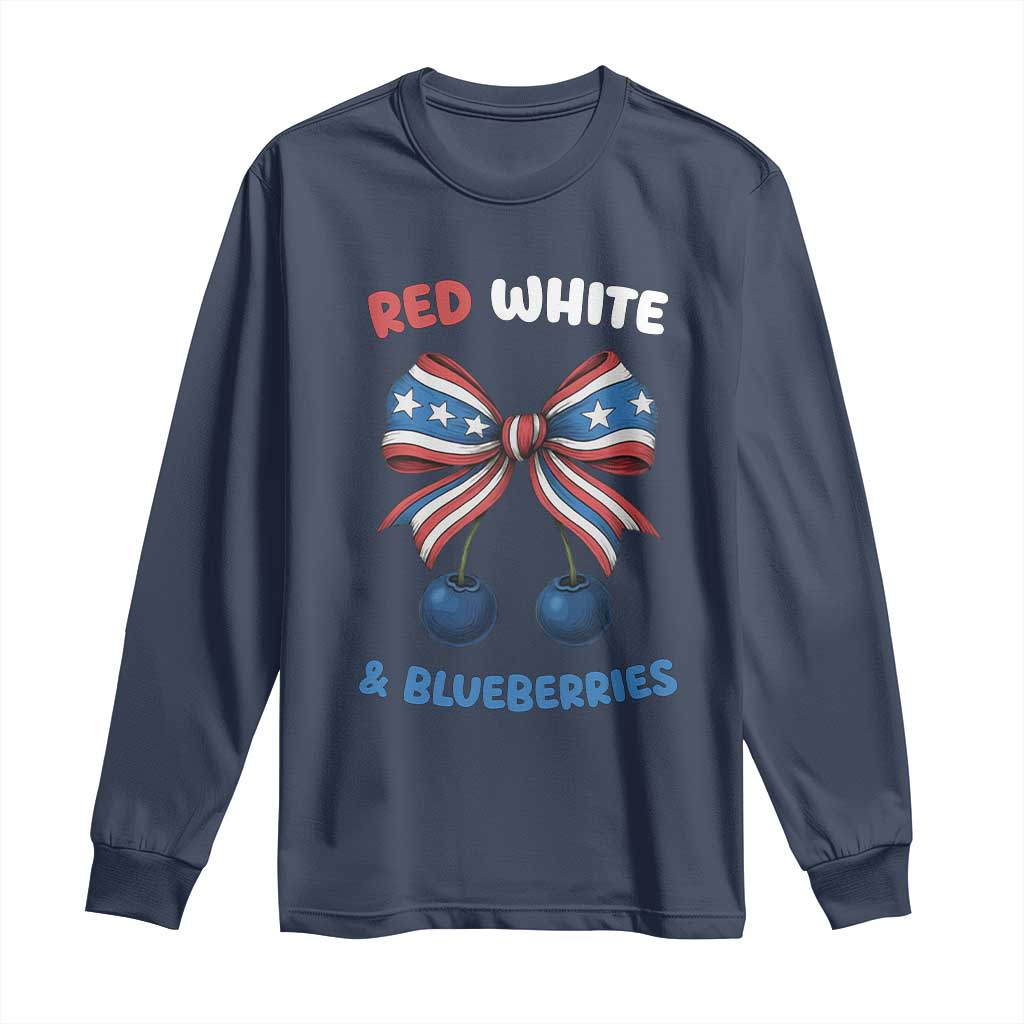 Red White and Blueberries Long Sleeve Shirt Retro Coquette Bow Vintage American Flag - Wonder Print Shop