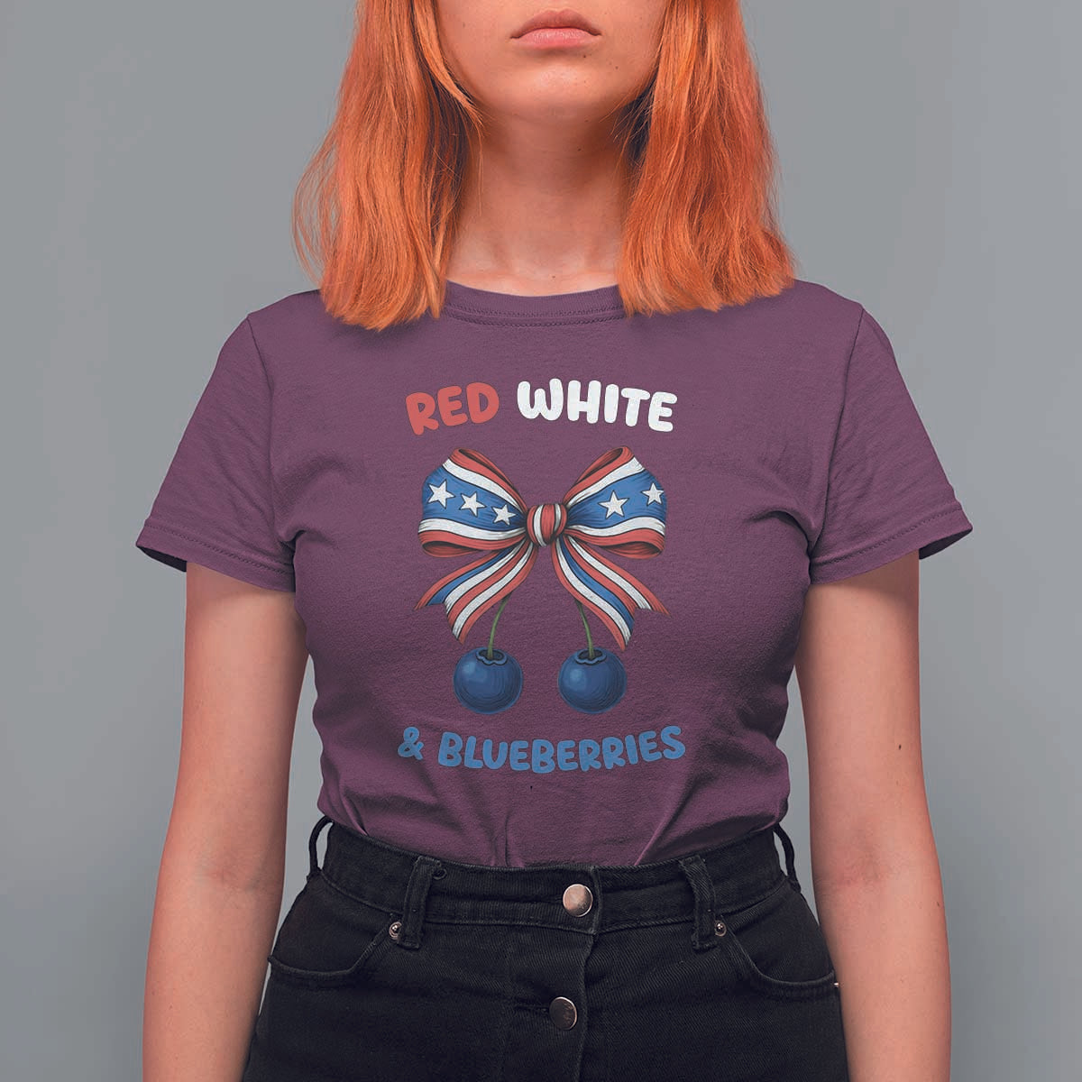 Red White and Blueberries T Shirt For Women Retro Coquette Bow Vintage American Flag - Wonder Print Shop