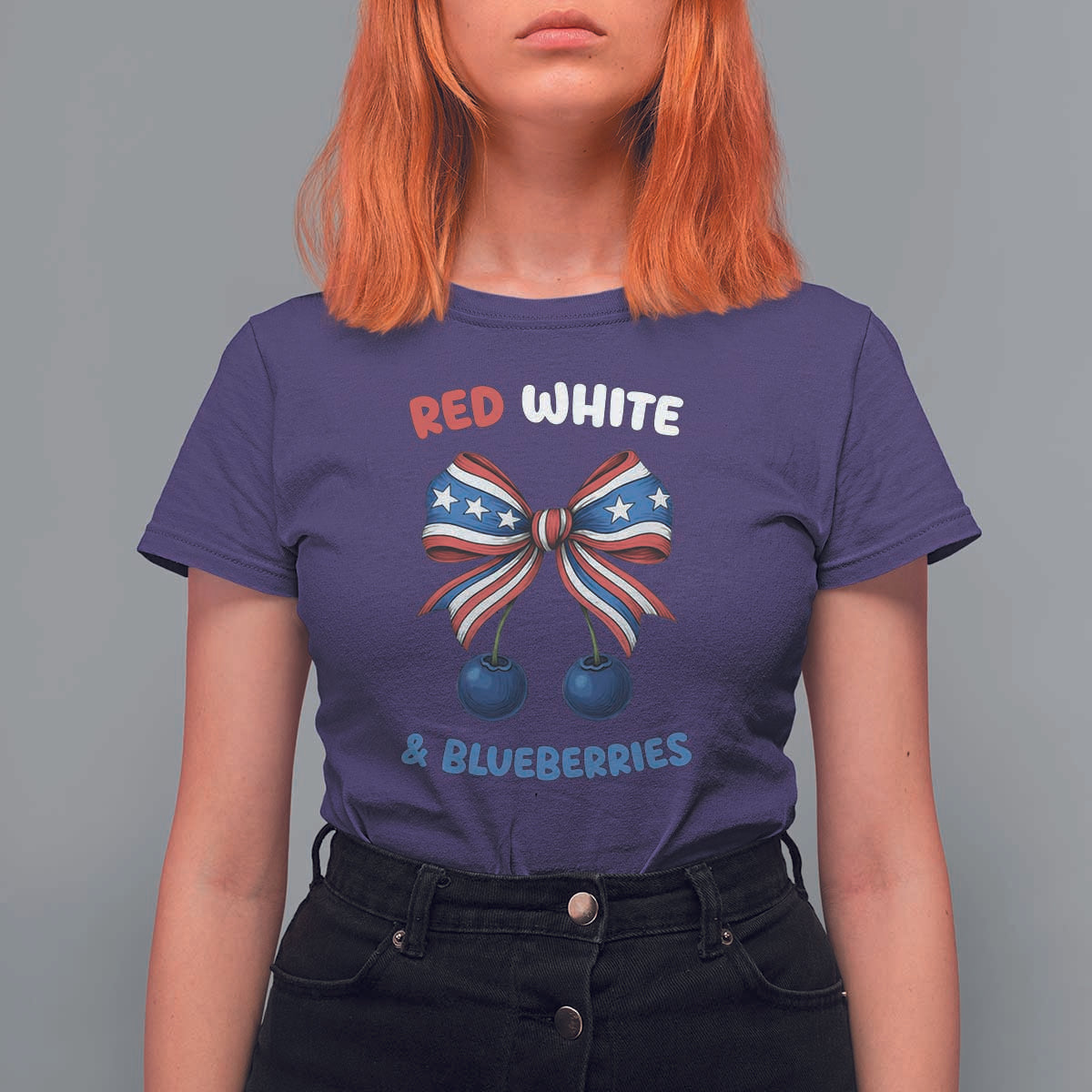 Red White and Blueberries T Shirt For Women Retro Coquette Bow Vintage American Flag - Wonder Print Shop