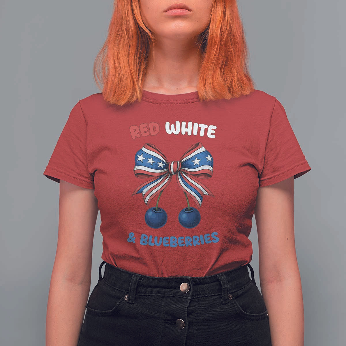 Red White and Blueberries T Shirt For Women Retro Coquette Bow Vintage American Flag - Wonder Print Shop