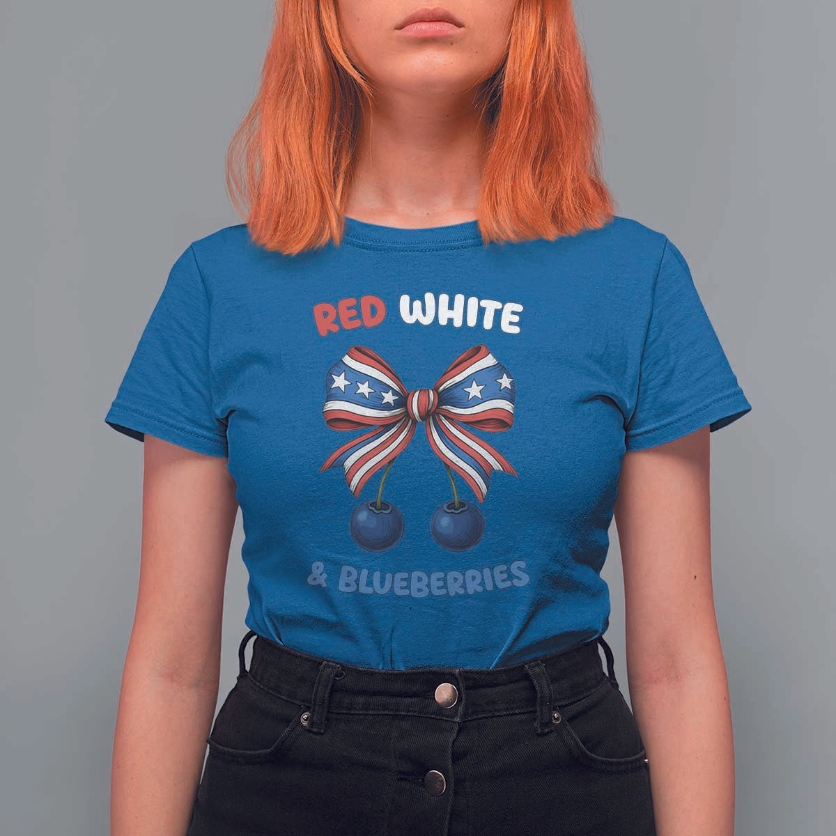 Red White and Blueberries T Shirt For Women Retro Coquette Bow Vintage American Flag - Wonder Print Shop