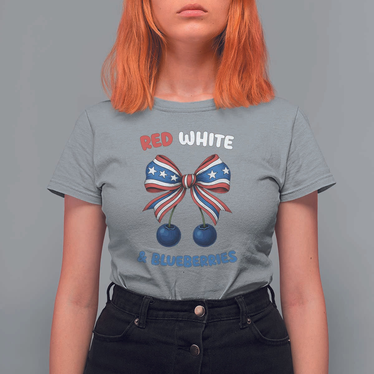 Red White and Blueberries T Shirt For Women Retro Coquette Bow Vintage American Flag - Wonder Print Shop