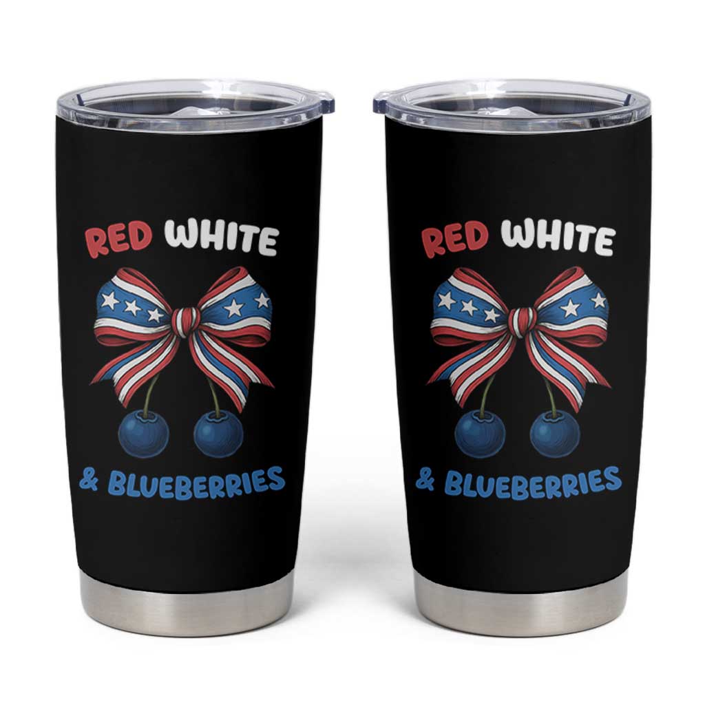 Red White and Blueberries Tumbler Cup Retro Coquette Bow Vintage American Flag - Wonder Print Shop